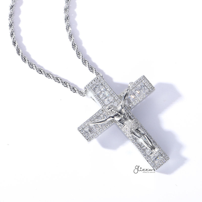 Iced Out Jesus Crucifix Cross Pendant - Silver-Hip Hop, Hip Hop Pendant, Iced Out, Men's Necklace, Necklaces, Pendants-NK1075S2-Glitters