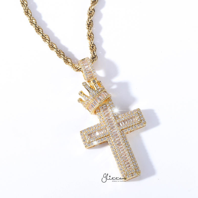 Iced Out Cross with Crown Pendant - Gold-Hip Hop, Hip Hop Pendant, Iced Out, Men's Necklace, Necklaces, Pendants-NK1076G1-Glitters
