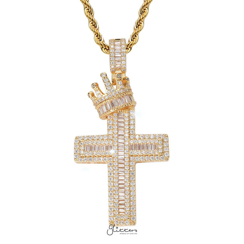 Iced Out Cross with Crown Pendant - Gold-Hip Hop, Hip Hop Pendant, Iced Out, Men's Necklace, Necklaces, Pendants-NK1076G2-Glitters