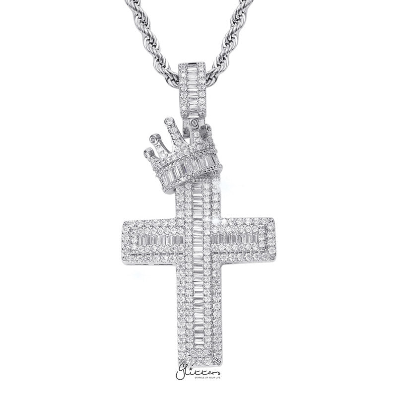 Iced Out Cross with Crown Pendant - Silver-Hip Hop, Hip Hop Pendant, Iced Out, Men's Necklace, Necklaces, Pendants-NK1076S1-Glitters