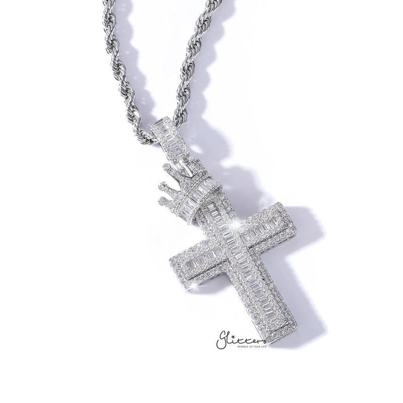 Iced Out Cross with Crown Pendant - Silver-Hip Hop, Hip Hop Pendant, Iced Out, Men's Necklace, Necklaces, Pendants-NK1076S2-Glitters