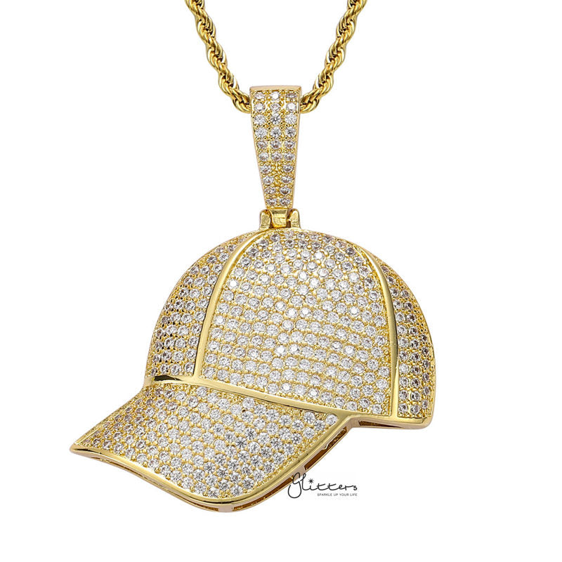 Iced Out Baseball Cap Pendant - Gold-Hip Hop, Hip Hop Pendant, Iced Out, Men's Necklace, Necklaces, Pendants-NK1077G1-Glitters