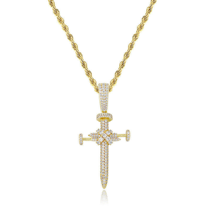 Iced Out Nail Cross Pendant - Gold-Hip Hop, Hip Hop Pendant, Iced Out, Men's Necklace, Necklaces, Pendants-NK1084G-Glitters