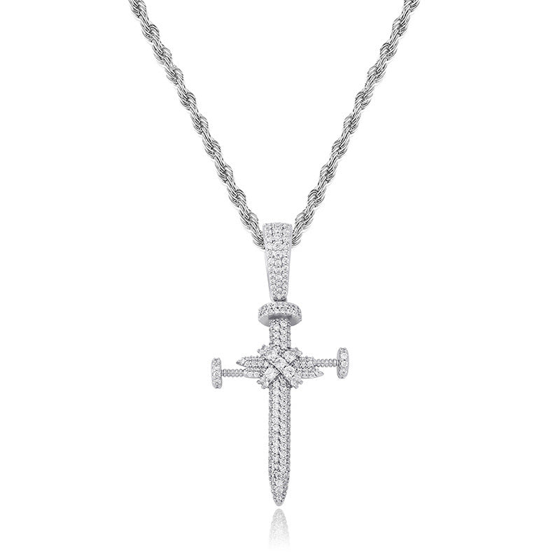 Iced Out Nail Cross Pendant - Silver-Hip Hop, Hip Hop Pendant, Iced Out, Men's Necklace, Necklaces, Pendants-NK1084S-Glitters