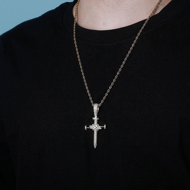 Iced Out Nail Cross Pendant - Silver-Hip Hop, Hip Hop Pendant, Iced Out, Men's Necklace, Necklaces, Pendants-NK1084_2-Glitters