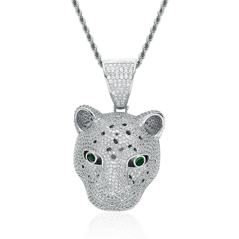 Iced Out Leopard Pendant - Silver-Hip Hop, Hip Hop Pendant, Iced Out, Men's Necklace, Necklaces, Pendants-NK1085S1-Glitters