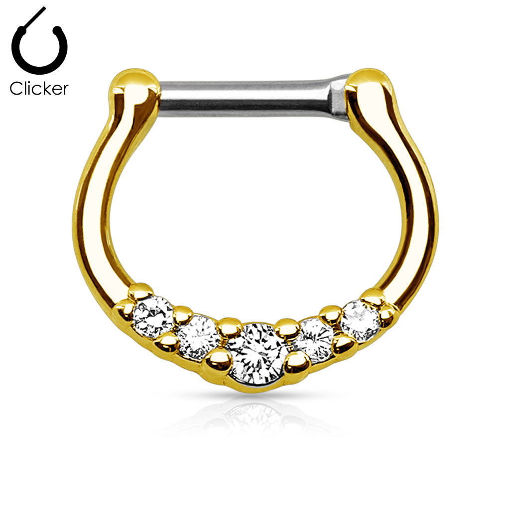 18K Gold Ion Plated Surgical Steel with 5 Clear C.Z Septum Clicker Ring-Body Piercing Jewellery, Cubic Zirconia, Nose, Septum Ring-NS0031-G-Glitters