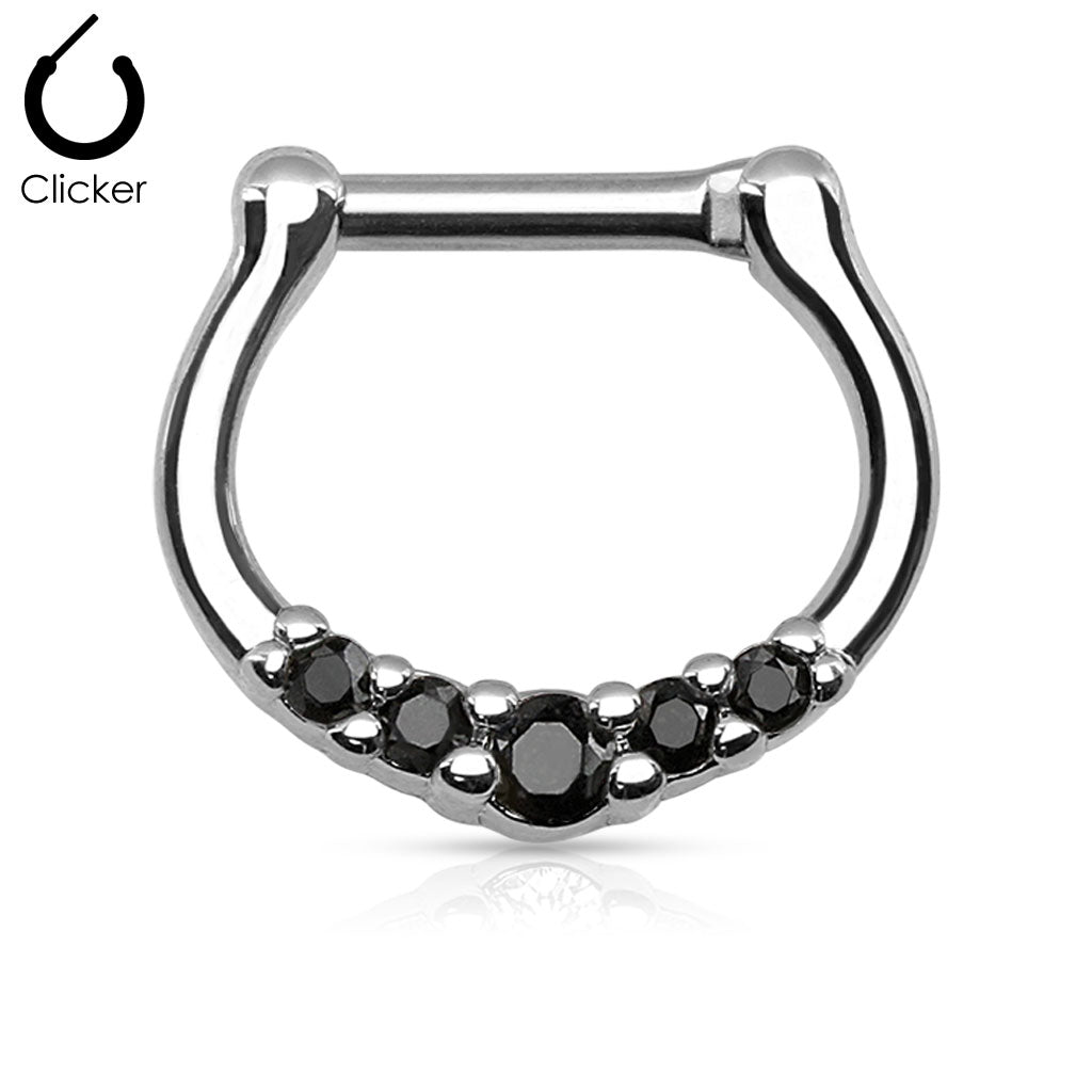 316L Surgical Steel with 5 Black C.Z Septum Clicker Ring-Body Piercing Jewellery, Cubic Zirconia, Nose, Septum Ring-NS0031-K-Glitters