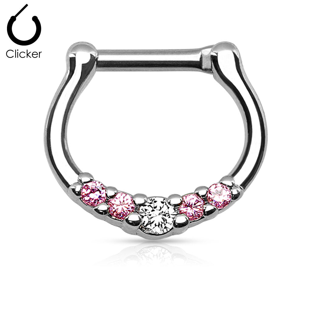 316L Surgical Steel with Pink C.Z Septum Clicker Ring-Body Piercing Jewellery, Cubic Zirconia, Nose, Septum Ring-NS0031-P-Glitters