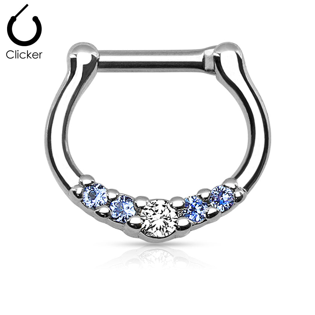 316L Surgical Steel with Aqua C.Z Septum Clicker Ring-Body Piercing Jewellery, Cubic Zirconia, Nose, Septum Ring-NS0031-Q-Glitters