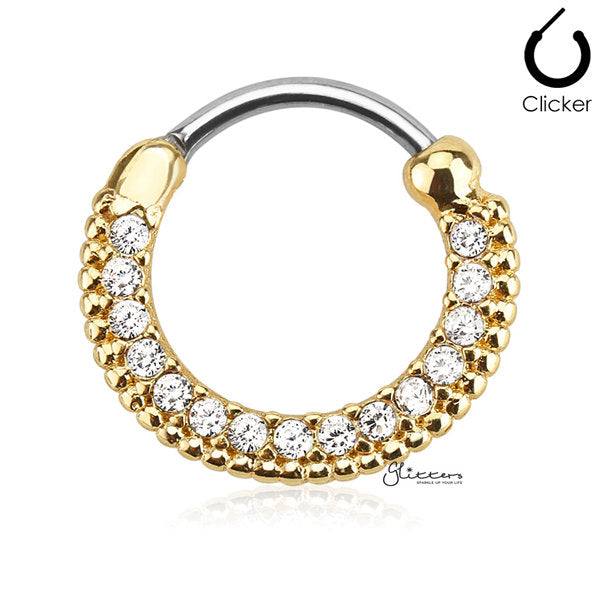 316L Surgical Steel Round Top Nose Septum/Ear Cartilage Clickers-Body Piercing Jewellery, Cartilage, Cubic Zirconia, Nose, Septum Ring-NS0037-G-Glitters