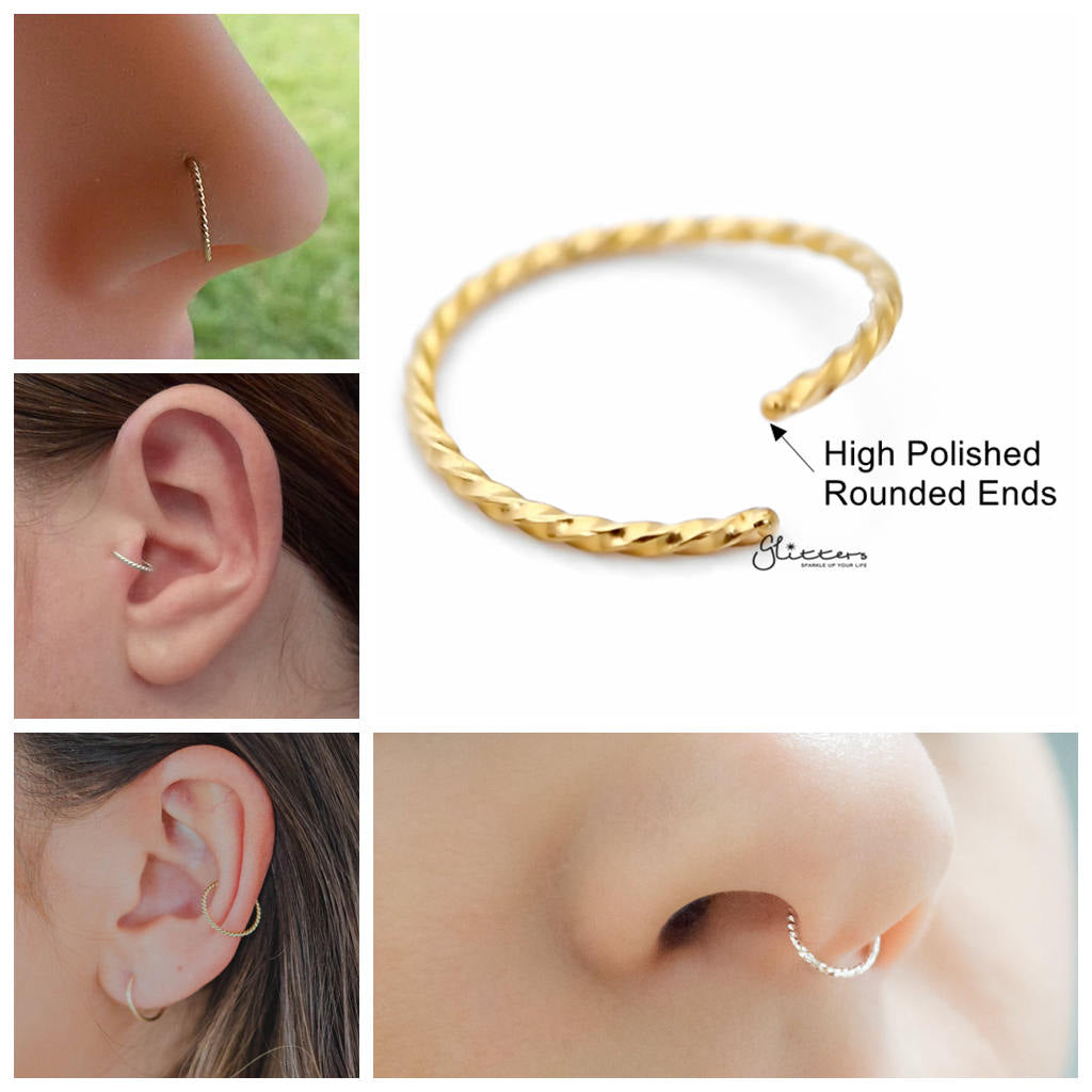 Twisted Surgical Steel Rounded Ends Bendable Nose Hoop Rings - Gold-Body Piercing Jewellery, Nose Piercing Jewellery, Nose Ring, Nose Studs, Septum Ring, Tragus-NS0076-G-OPEN_2-Glitters