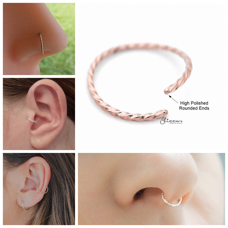 Twisted Surgical Steel Rounded Ends Bendable Nose Hoop Rings - Rose Gold-Body Piercing Jewellery, Nose Piercing Jewellery, Nose Ring, Nose Studs, Septum Ring, Tragus-NS0076-RG-OPEN_01-Glitters