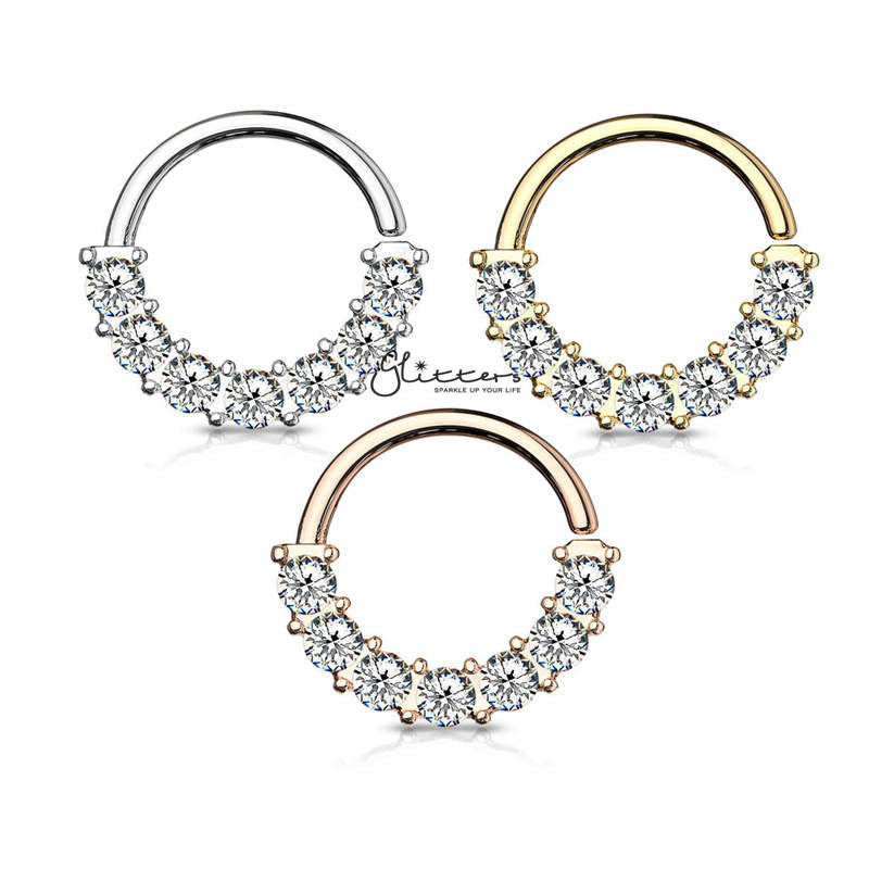 Surgical Steel 7 Gem Front Facing Set Bendable Hoop Rings-Silver | Gold | Rose Gold-Body Piercing Jewellery, Cartilage, Cubic Zirconia, Nose, Septum Ring-NS0081_Logo-Glitters