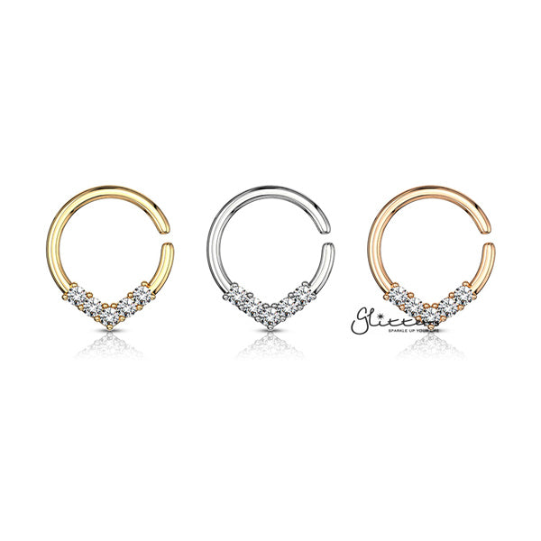 5 CZ Set V Shaped on Round Bendable Rings - Silver | Gold | Rose Gold-Body Piercing Jewellery, Cartilage, Cubic Zirconia, Nose, Septum Ring-NS0082-ALL-Glitters