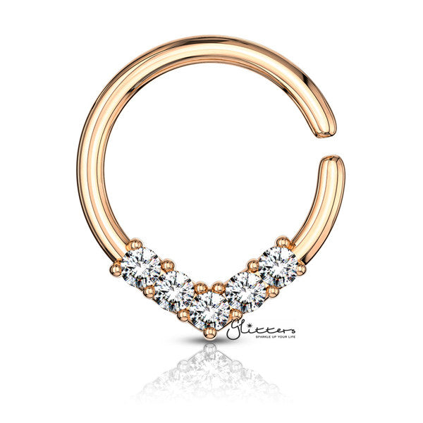 5 CZ Set V Shaped on Round Bendable Rings - Silver | Gold | Rose Gold-Body Piercing Jewellery, Cartilage, Cubic Zirconia, Nose, Septum Ring-NS0082-RG-Glitters