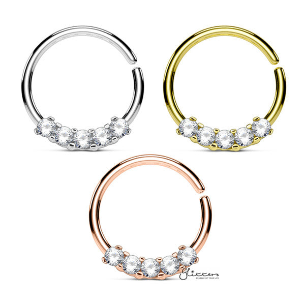 316L Surgical Steel Bendable Hoop Ring with 5 CZ Prong Set-Body Piercing Jewellery, Cartilage, Cubic Zirconia, Nose, Septum Ring-NS0097-ALL_600-Glitters