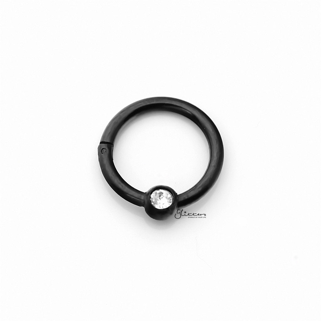 Surgical Steel Hinged Segment Hoop Ring with Clear Gem Ball - Black-Body Piercing Jewellery, Cartilage, Crystal, Daith, Nose, Septum Ring-NS0103-k_1-Glitters