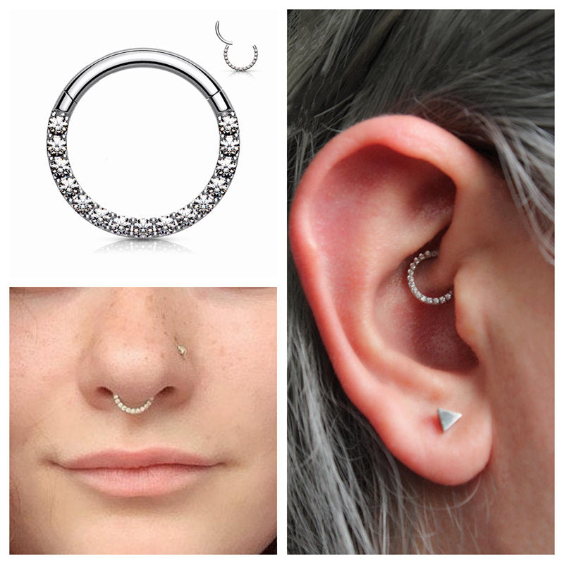 Front Facing CZ Paved Hinged Segment Hoop Ring-Best Sellers, Body Piercing Jewellery, Cartilage, Daith, Nose, Septum Ring-NS0110-SM-Glitters