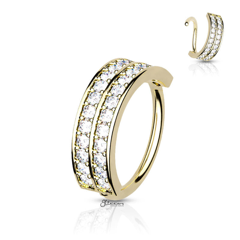 Embedded C.Z Double Lined Half Circle Bendable Hoop Ring - Gold-Body Piercing Jewellery, Conch Earrings, Cubic Zirconia, Nose Piercing Jewellery, Nose Ring, Nose Studs, Tragus-NS0113-G-Glitters