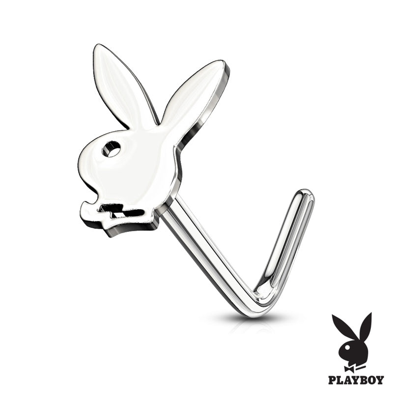 Playboy Bunny Top L Bend Nose Stud - Silver-Body Piercing Jewellery, Nose Piercing Jewellery, Nose Ring, Nose Studs-NS0116-S-800-Glitters