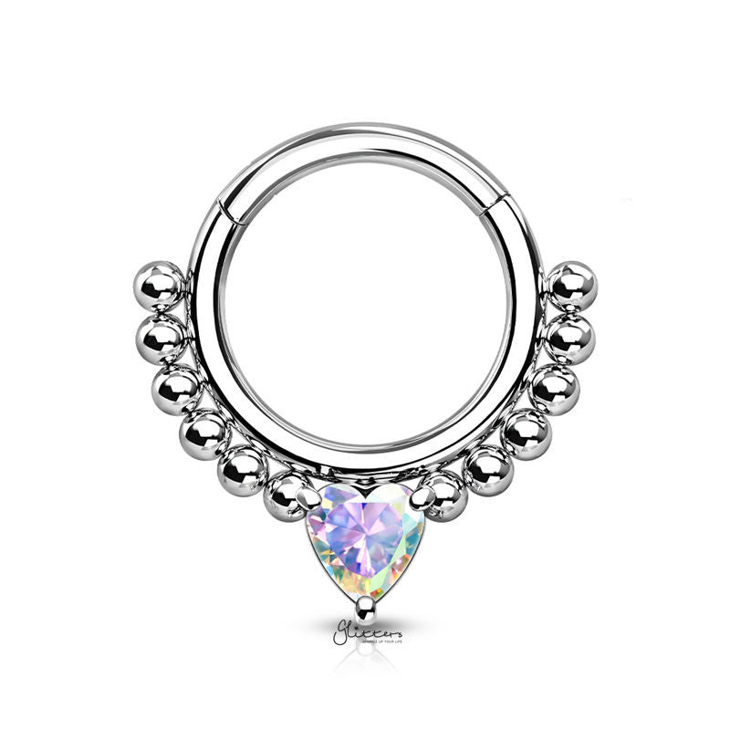 Heart CZ Hinged Segment Hoop Ring - Aurora Borealis-Body Piercing Jewellery, Cartilage, Cubic Zirconia, Daith, Septum Ring-NS0117-AB-1-Glitters