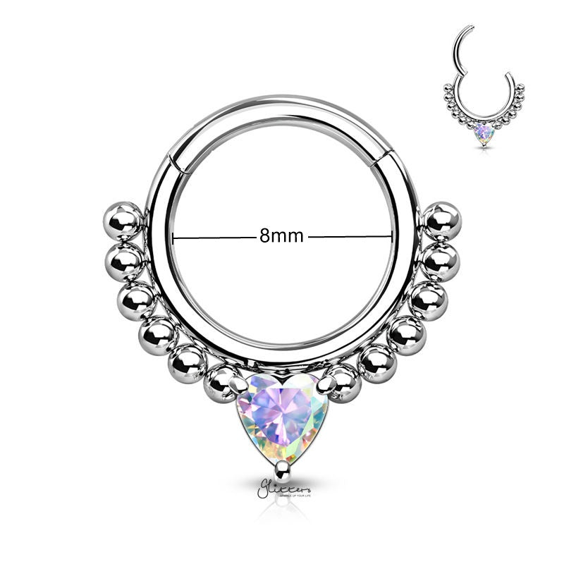 Heart CZ Hinged Segment Hoop Ring - Aurora Borealis-Body Piercing Jewellery, Cartilage, Cubic Zirconia, Daith, Septum Ring-NS0117-AB_New-Glitters