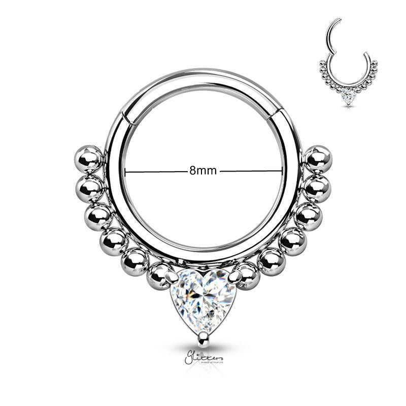 Heart CZ Hinged Segment Hoop Ring - Clear-Body Piercing Jewellery, Cartilage, Cubic Zirconia, Daith, Septum Ring-NS0117-C_New-Glitters