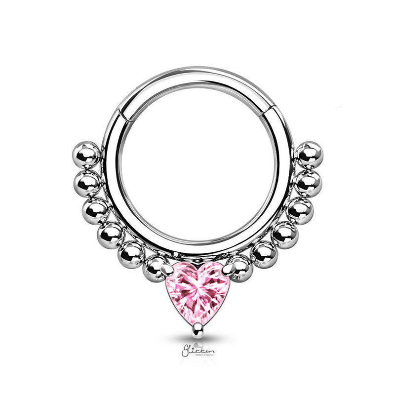 Heart CZ Hinged Segment Hoop Ring - Pink-Body Piercing Jewellery, Cartilage, Cubic Zirconia, Daith, Septum Ring-NS0117-P-Glitters