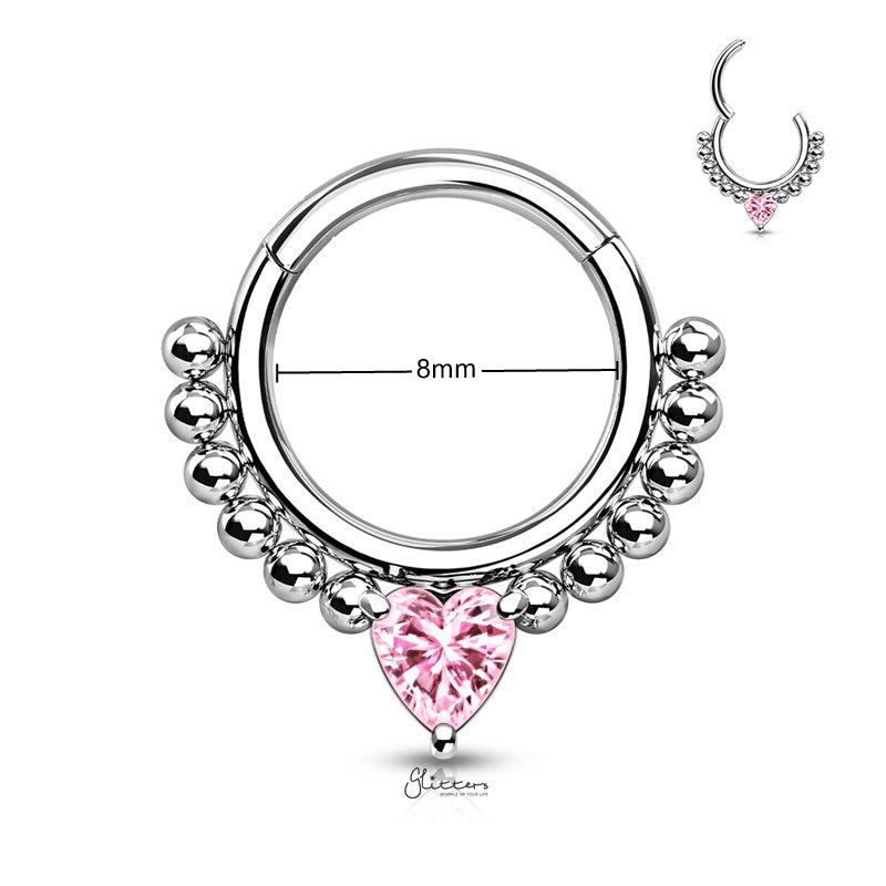 Heart CZ Hinged Segment Hoop Ring - Pink-Body Piercing Jewellery, Cartilage, Cubic Zirconia, Daith, Septum Ring-NS0117-P1_New-Glitters