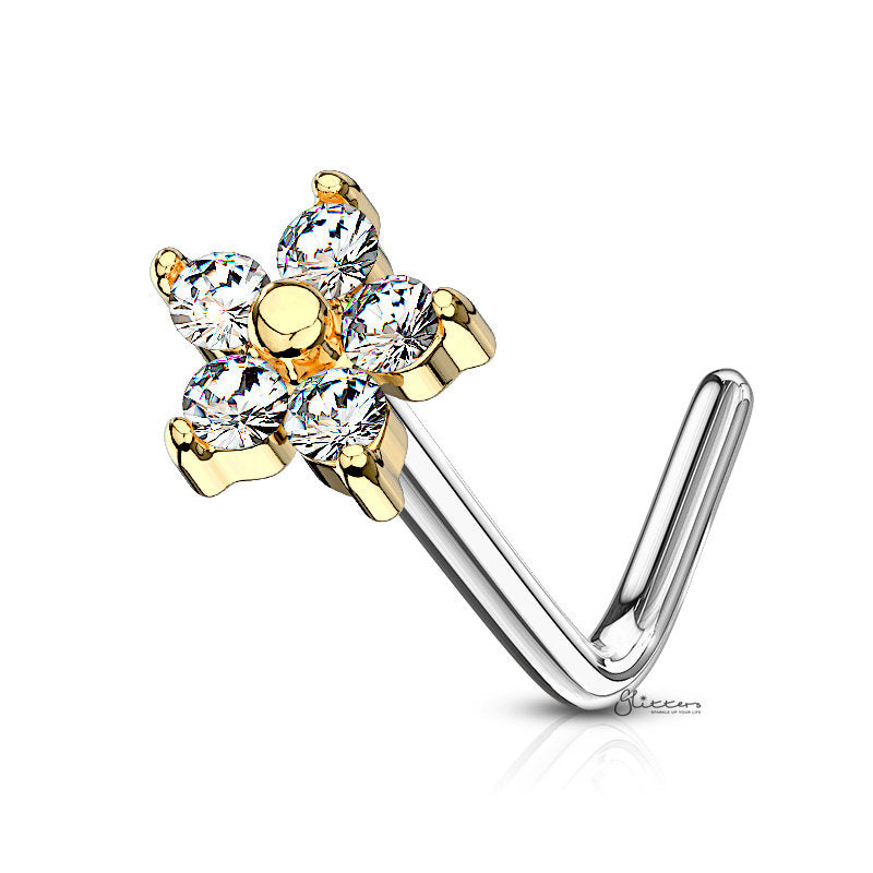 C.Z Flower L Bend Nose Stud Rings - Silver | Gold-Body Piercing Jewellery, Cubic Zirconia, L Bend, Nose Piercing Jewellery, Nose Studs-NS0118-G-Glitters