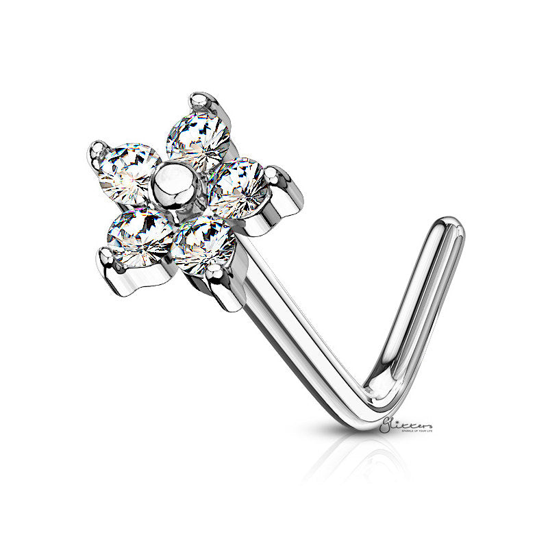 C.Z Flower L Bend Nose Stud Rings - Silver | Gold-Body Piercing Jewellery, Cubic Zirconia, L Bend, Nose Piercing Jewellery, Nose Studs-NS0118-S-Glitters