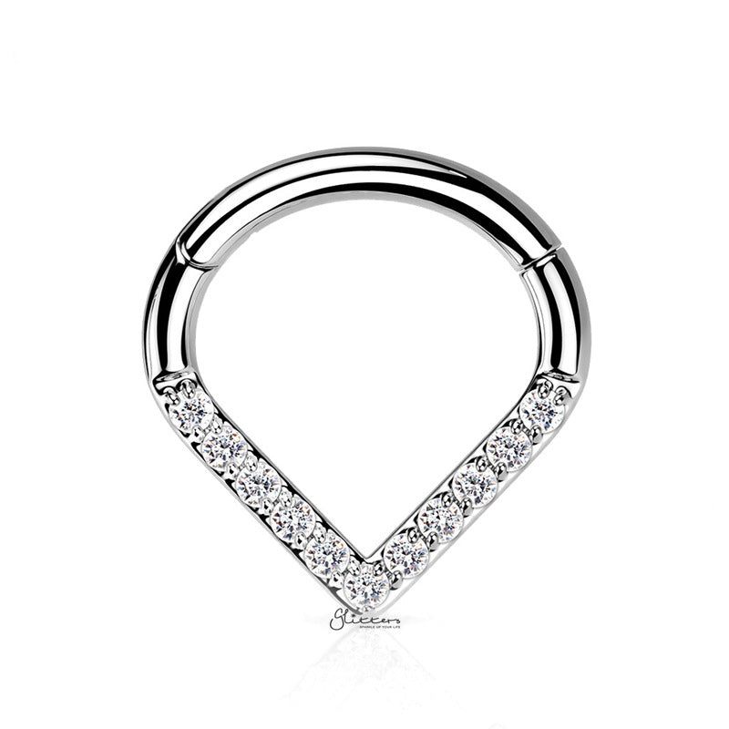 Titanium Hinged Segment Hoop Ring with CZ Paved Chevron-Body Piercing Jewellery, Cartilage, Cubic Zirconia, Daith, G23 Titanium, Septum Ring-NS0123-S1-Glitters