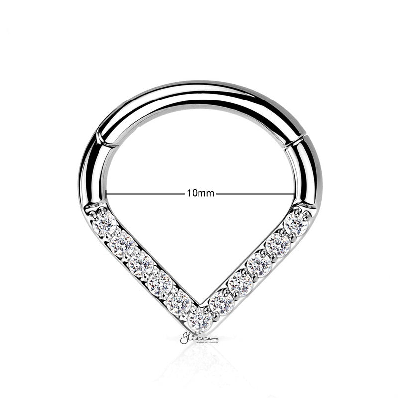 Titanium Hinged Segment Hoop Ring with CZ Paved Chevron-Body Piercing Jewellery, Cartilage, Cubic Zirconia, Daith, G23 Titanium, Septum Ring-NS0123-S1_10-Glitters