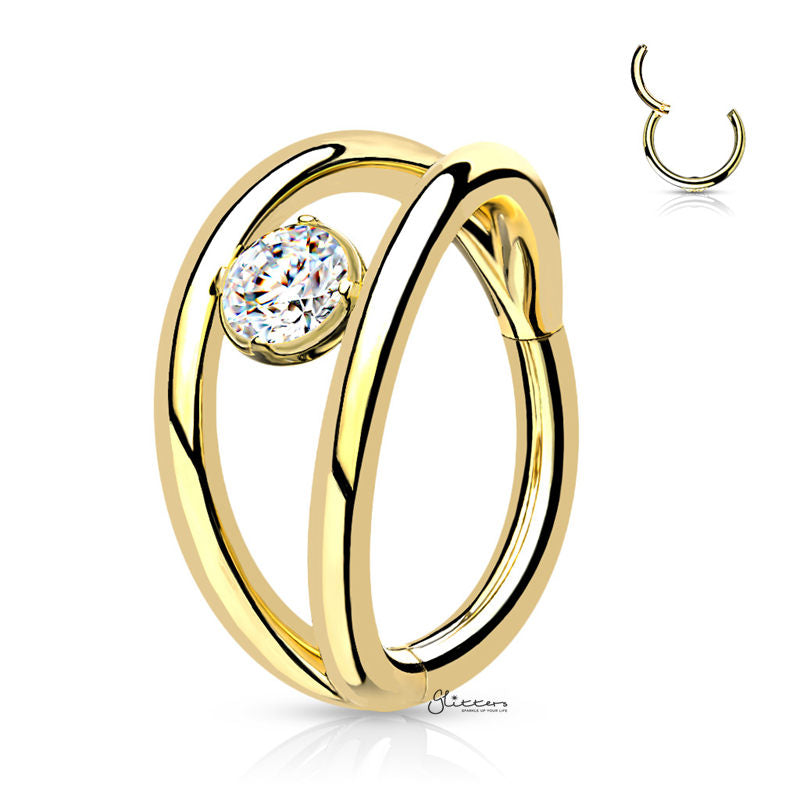 Double Lines and CZ Hinged Segment Hoop Ring - Gold-Body Piercing Jewellery, Cartilage, Cubic Zirconia, Daith, Septum Ring-NS0125-G1-Glitters