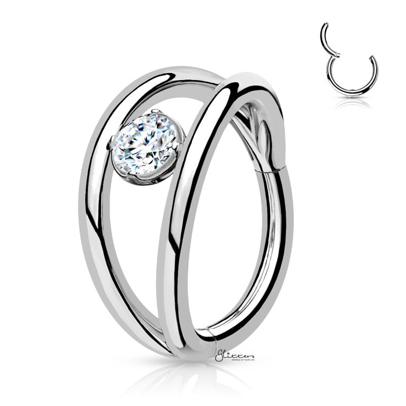 Double Lines and CZ Hinged Segment Hoop Ring - Silver-Body Piercing Jewellery, Cartilage, Cubic Zirconia, Daith, Septum Ring-NS0125-S1-Glitters