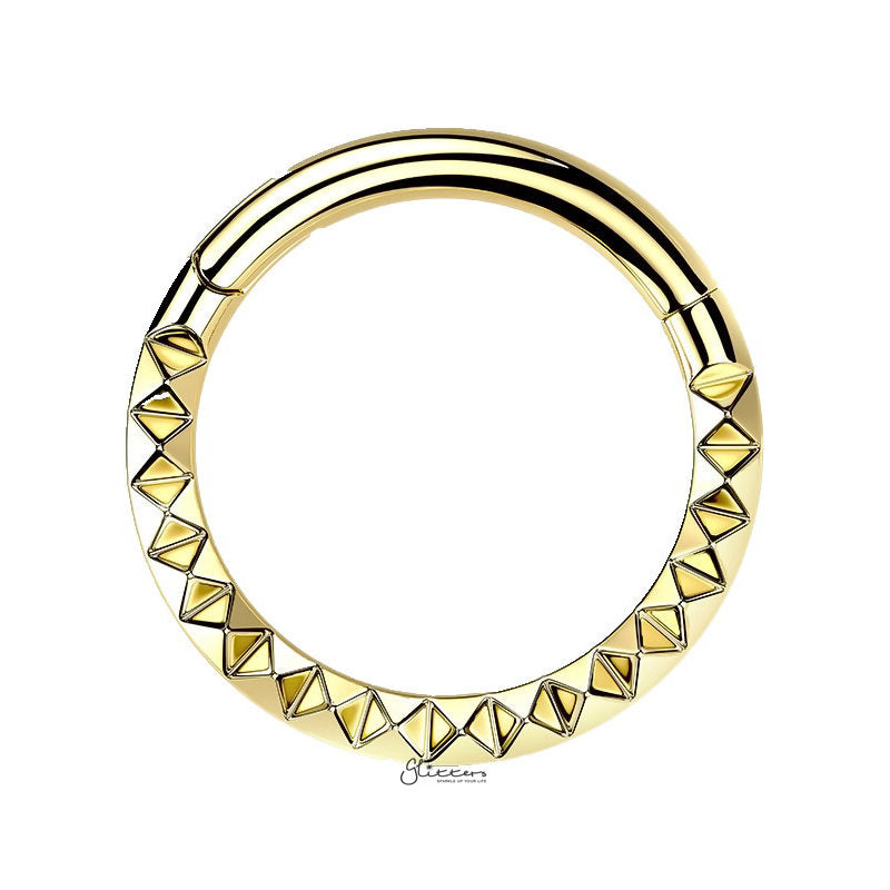 Front Facing Pyramid Laser Cut Titanium Hinged Segment Hoop Ring - Gold-Body Piercing Jewellery, Cartilage, Daith, G23 Titanium, Septum Ring-NS0127-G1_800-Glitters