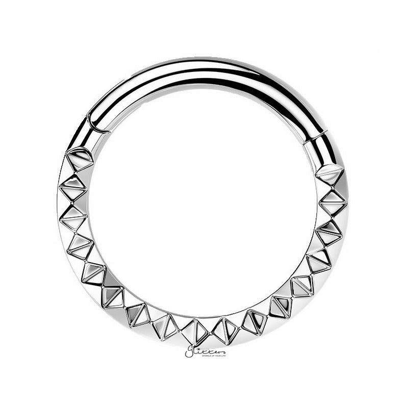 Front Facing Pyramid Laser Cut Titanium Hinged Segment Hoop Ring - Silver-Body Piercing Jewellery, Cartilage, Daith, G23 Titanium, Septum Ring-NS0127-S1_800-Glitters