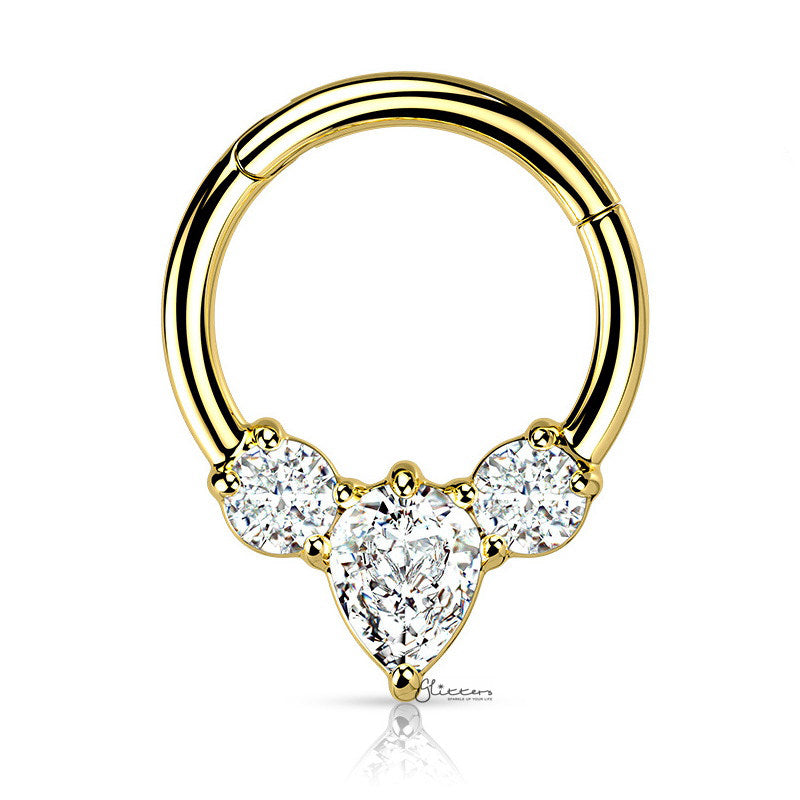Pear CZ Hinged Segment Septum Ring - Gold-Body Piercing Jewellery, Cartilage, Cubic Zirconia, Daith, Septum Ring-NS0131-G0HingedSegmentwithPearCZ-Glitters