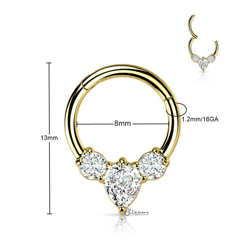 Pear CZ Hinged Segment Septum Ring - Gold-Body Piercing Jewellery, Cartilage, Cubic Zirconia, Daith, Septum Ring-NS0131-G1HingedSegmentwithPearCZ_New-Glitters