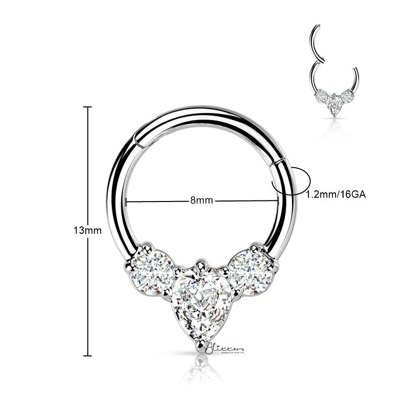Pear CZ Hinged Segment Septum Ring - Silver-Body Piercing Jewellery, Cartilage, Cubic Zirconia, Daith, Septum Ring-NS0131-S1HingedSegmentwithPearCZ_New-Glitters