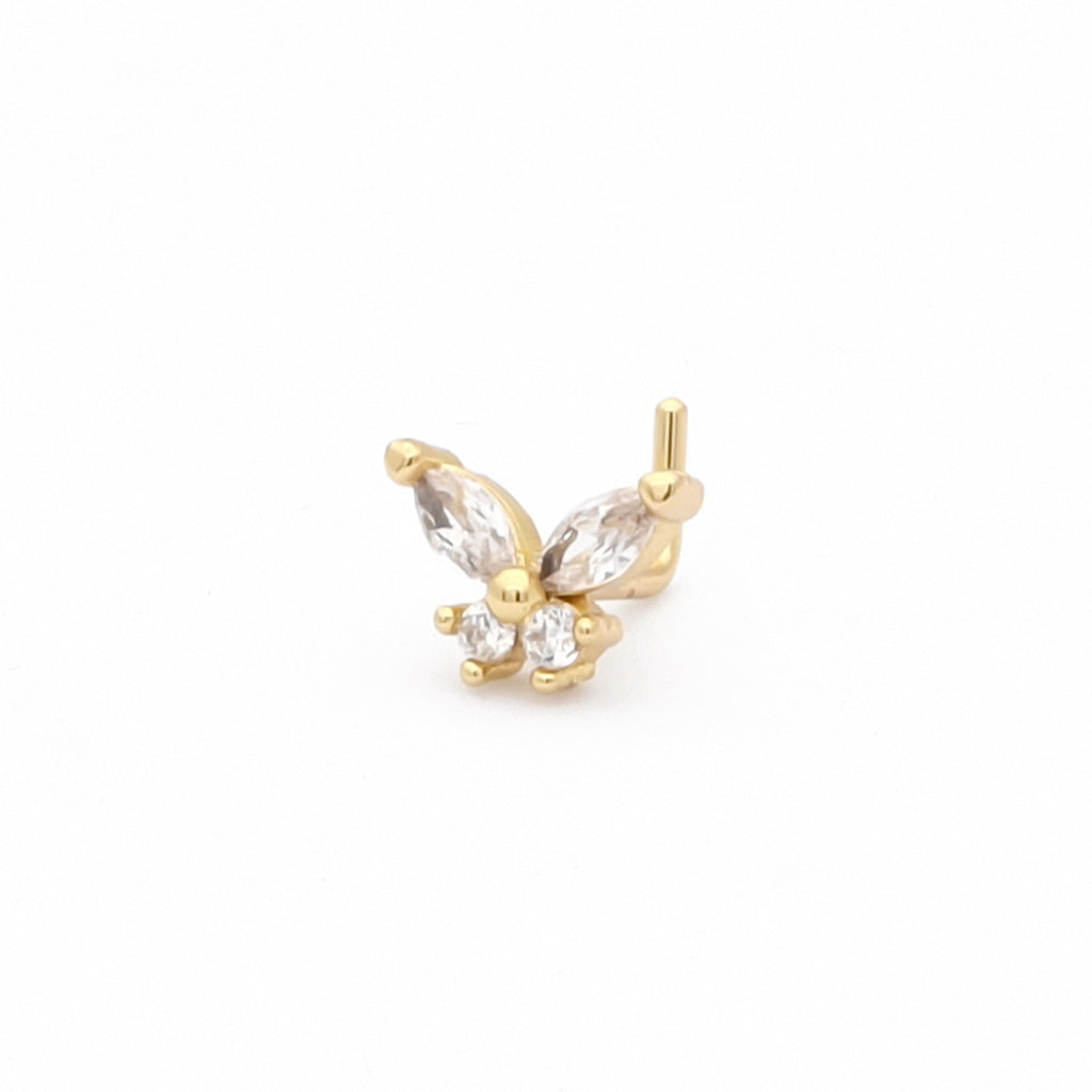C.Z Butterfly L Bend Nose Stud - Gold-Body Piercing Jewellery, Cubic Zirconia, L Bend, New, Nose Piercing Jewellery, nose pin, Nose Studs-NS0138-G1_1-Glitters