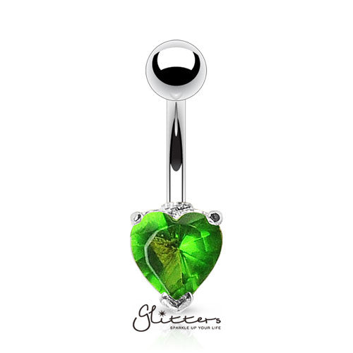 316L Surgical Steel Prong Set Solitaire Heart Cubic Zirconia Belly Ring-Green-Belly Ring, Body Piercing Jewellery, Cubic Zirconia-NSC03HM-G-2-Glitters