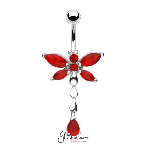 316L Surgical Steel Cubic Zirconia Dragonfly Dangle Belly Ring-Red-Belly Ring, Body Piercing Jewellery, Cubic Zirconia-NSR6583-R-5-Glitters