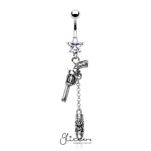Surgical Steel Cubic Zirconia Star with Gun & Bullet Dangle Belly Ring-Clear-Belly Ring, Body Piercing Jewellery, Cubic Zirconia-NSR8623-C-0-Glitters