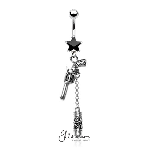 Surgical Steel Cubic Zirconia Star with Gun & Bullet Dangle Belly Ring-Black-Belly Ring, Body Piercing Jewellery, Cubic Zirconia-NSR8623-K-1-Glitters
