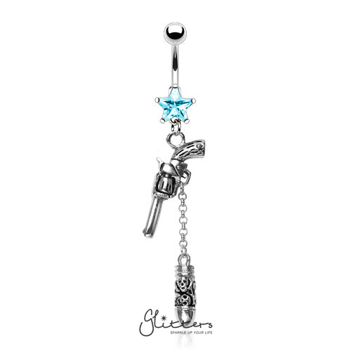 Surgical Steel Cubic Zirconia Star with Gun & Bullet Dangle Belly Ring-Aqua-Belly Ring, Body Piercing Jewellery, Cubic Zirconia-NSR8623-Q-3-Glitters