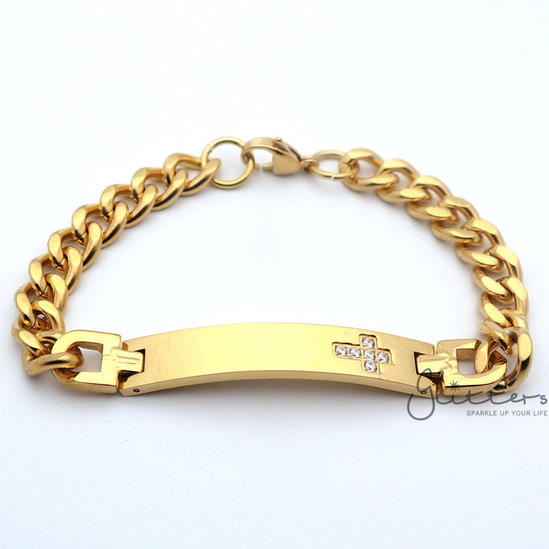 18K Gold Plated Stainless Steel Men's ID Bracelet with Cubic Zirconia Cross-Bracelets, Cubic Zirconia, Engravable, ID Bracelet, Jewellery, Men's Bracelet, Men's Jewellery, Stainless Steel, Stainless Steel Bracelet-SB0035_1-Glitters