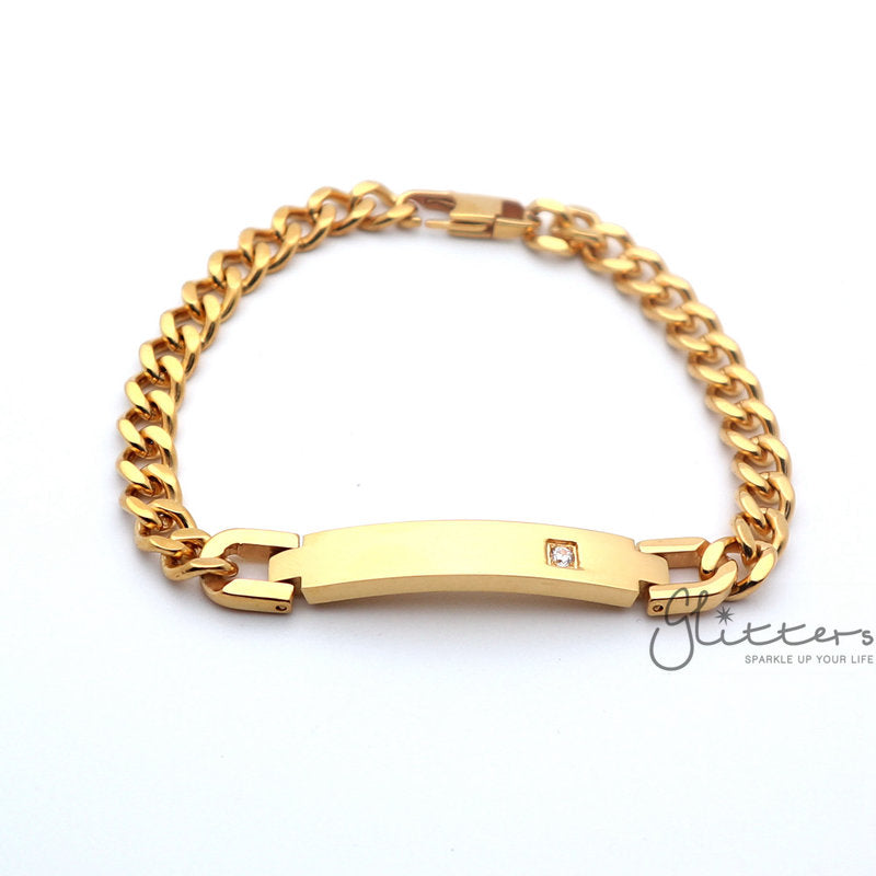18K Gold Plated Stainless Steel Men's ID Bracelet with A Cubic Zirconia Stone-Bracelets, Cubic Zirconia, Engravable, ID Bracelet, Jewellery, Men's Bracelet, Men's Jewellery, Stainless Steel, Stainless Steel Bracelet-SB0049_1-Glitters