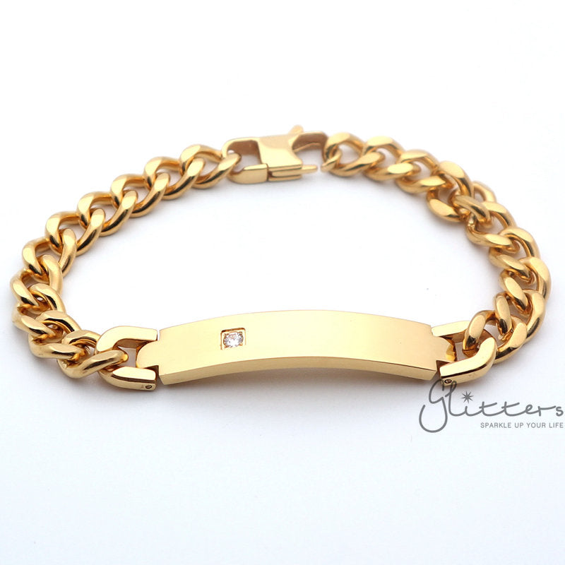 18K Gold Plated Stainless Steel Men's ID Bracelet with A Cubic Zirconia Stone-Bracelets, Cubic Zirconia, Engravable, ID Bracelet, Jewellery, Men's Bracelet, Men's Jewellery, Stainless Steel, Stainless Steel Bracelet-SB0049_2-Glitters